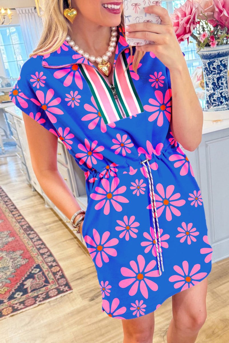 Purple Floral Striped Quarter Zip Cap Sleeve Drawstring Waist Mini Dress - Love Salve